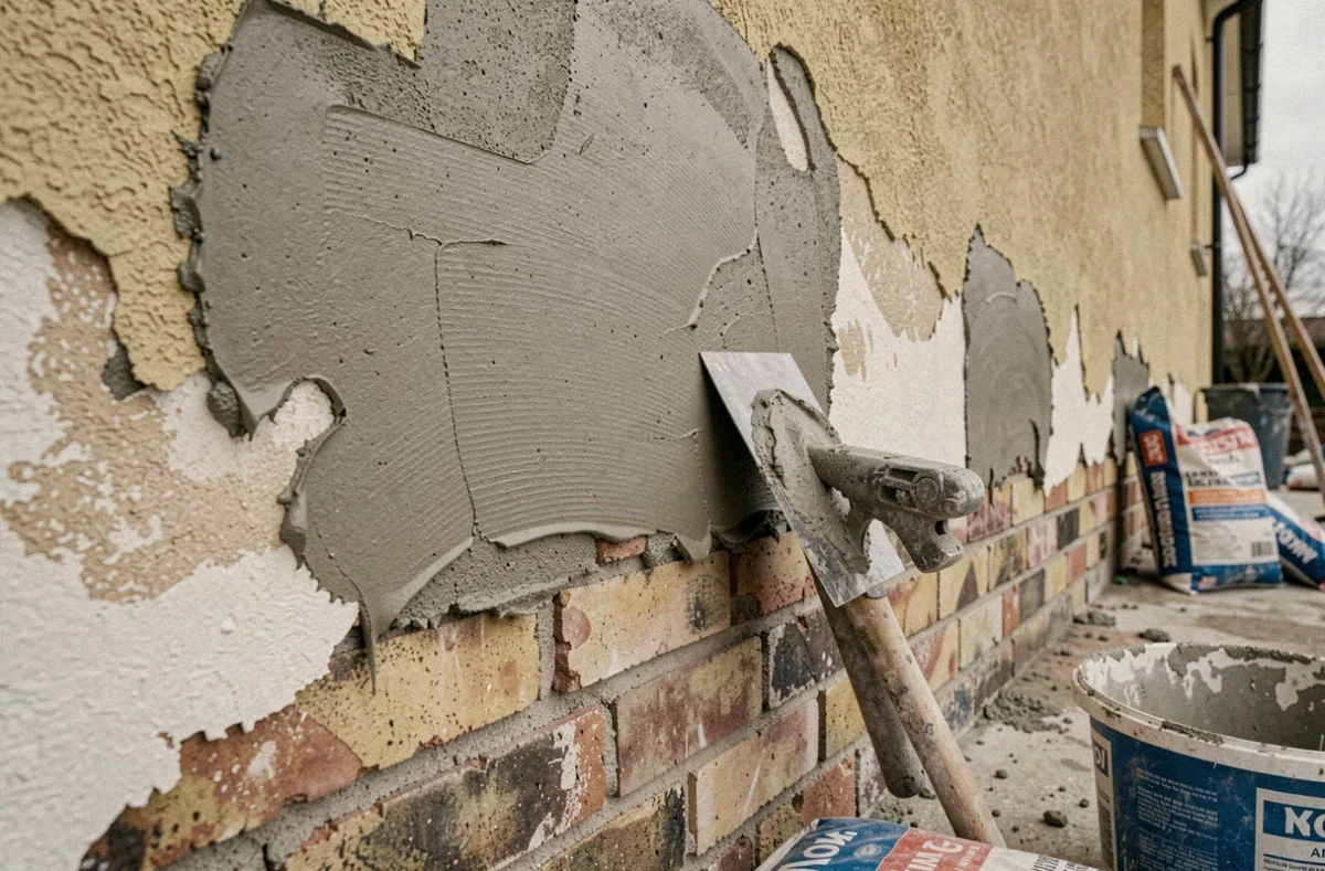 Gros plan sur un mur en cours de préparation pour ravalement avec enduit de rebouchage, couches de mortier et outils de maçonnerie
