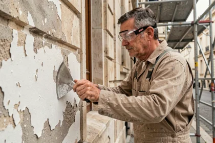 Ouvrier en train de préparer un mur extérieur pour un ravalement en grattant les vieilles peintures écaillées sur une façade ancienne