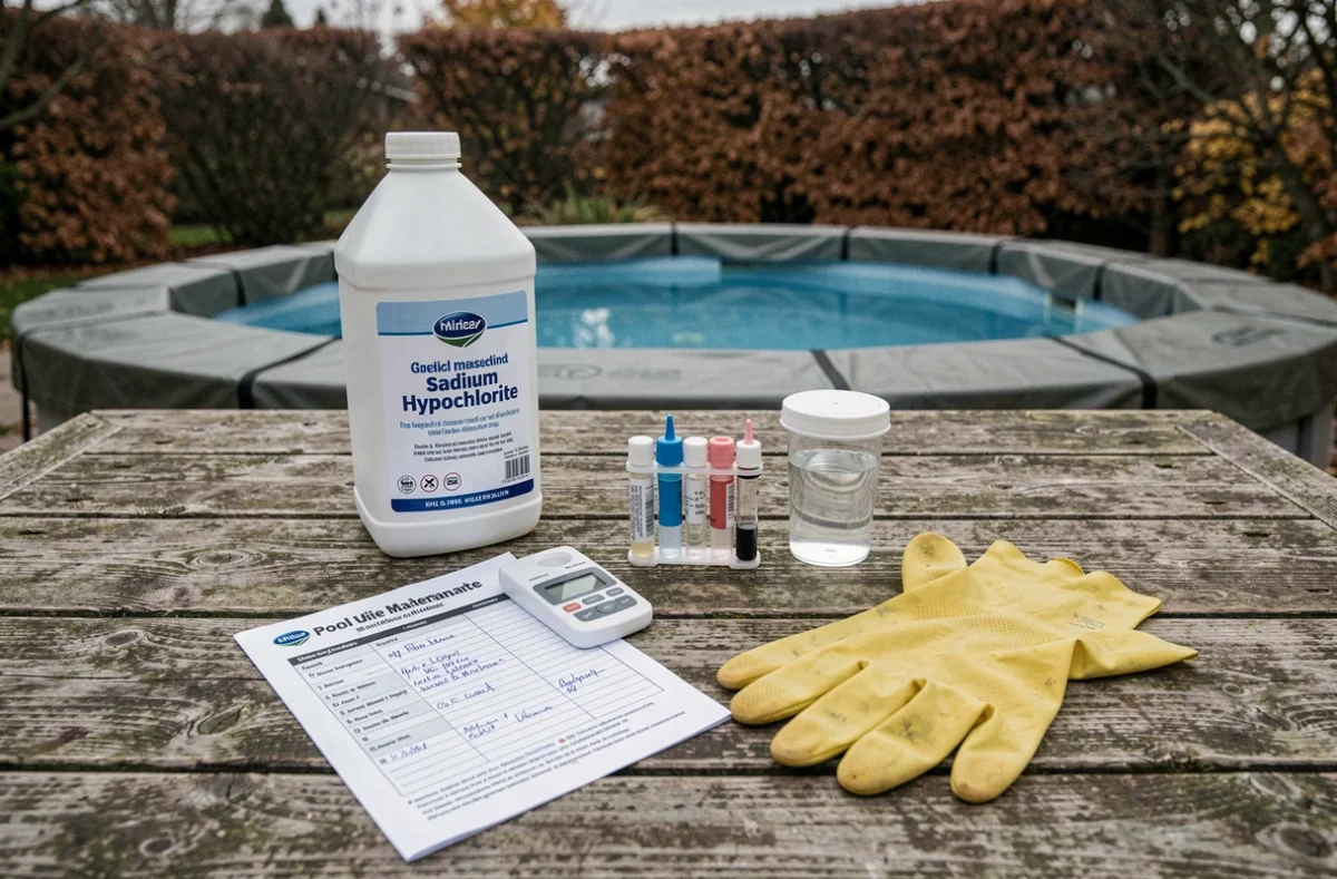 Produits de traitement à la javel et kit d'analyse pour l'hivernage d'une piscine disposés sur une table de jardin
