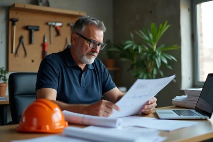 Professionnel du bâtiment consultant un devis travaux sur son bureau de chantier avec des plans et un ordinateur portable