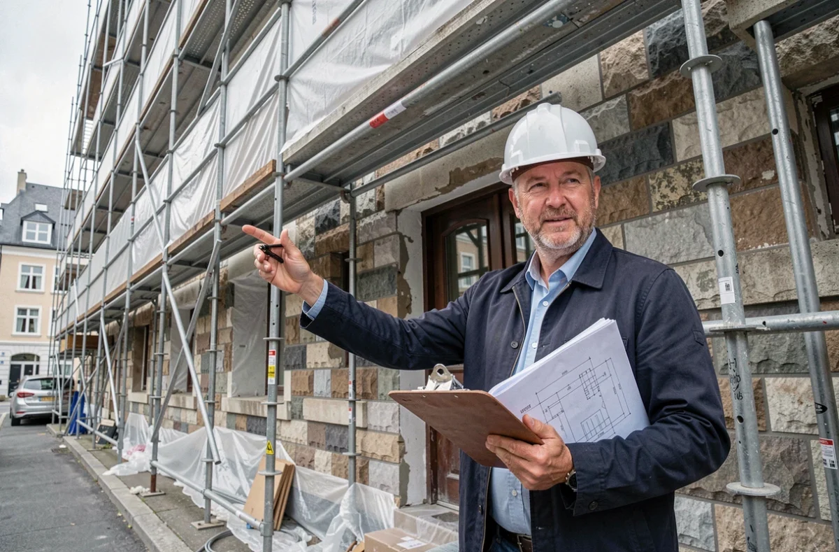 Professionnel du bâtiment inspectant la façade d'un immeuble résidentiel en rénovation avec des échafaudages