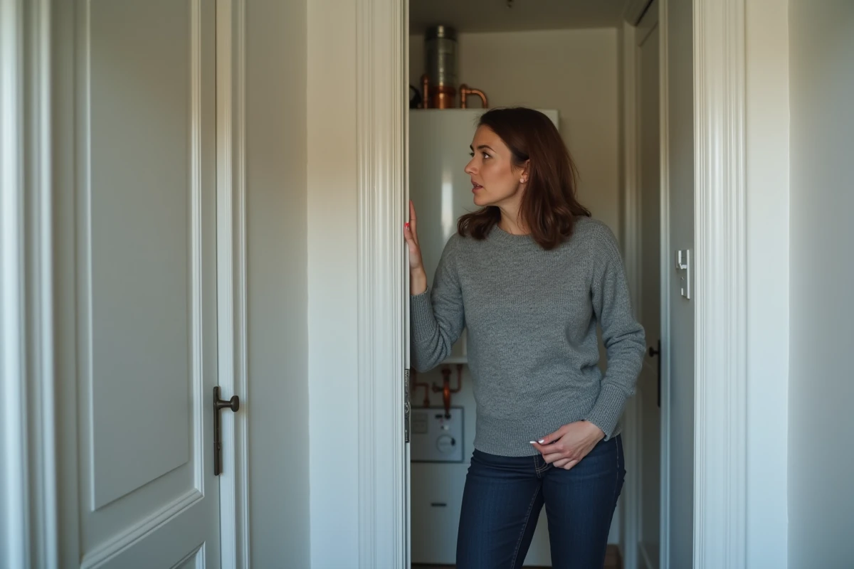 Femme préoccupée observant sa chaudière fioul dans un placard technique d'un pavillon résidentiel