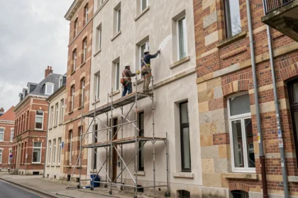 Équipe professionnelle de ravalement de façade sur échafaudage dans le Nord de la France, bâtiment en brique rénové