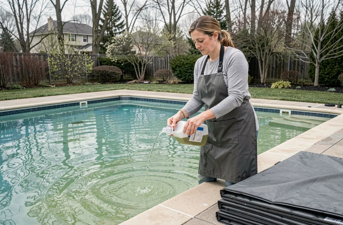 Femme versant de la javel dans une piscine lors de la remise en route printanière après hivernage