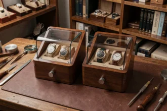 Remontoir automatique simple et double côte à côte sur un établi d'horloger en bois sombre avec des montres mécaniques de luxe