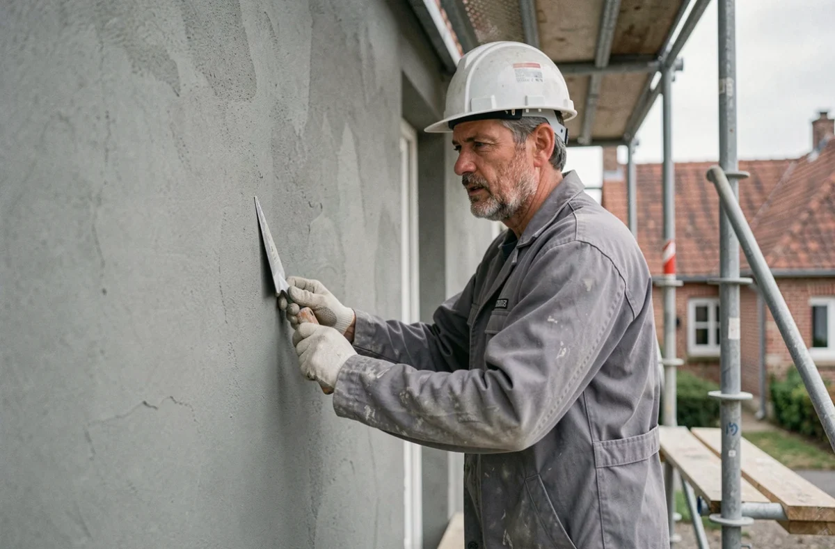 Artisan du ravalement de façade Les Rénovations de Ted en action sur un chantier à Cappelle-la-Grande, pose d'enduit sur maison en brique