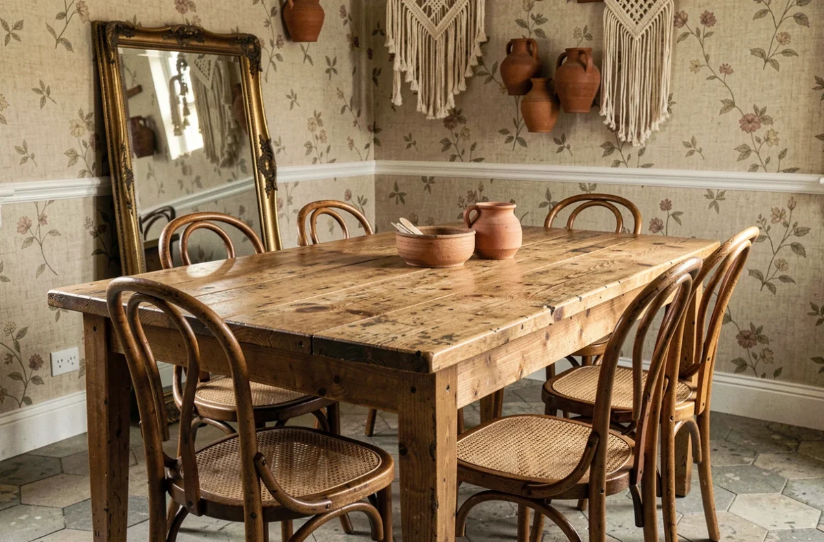 Salle à manger vintage chic avec table en chêne massif, chaises en bois courbé cannées et miroir ancien appuyé contre un mur en papier peint floral ancien