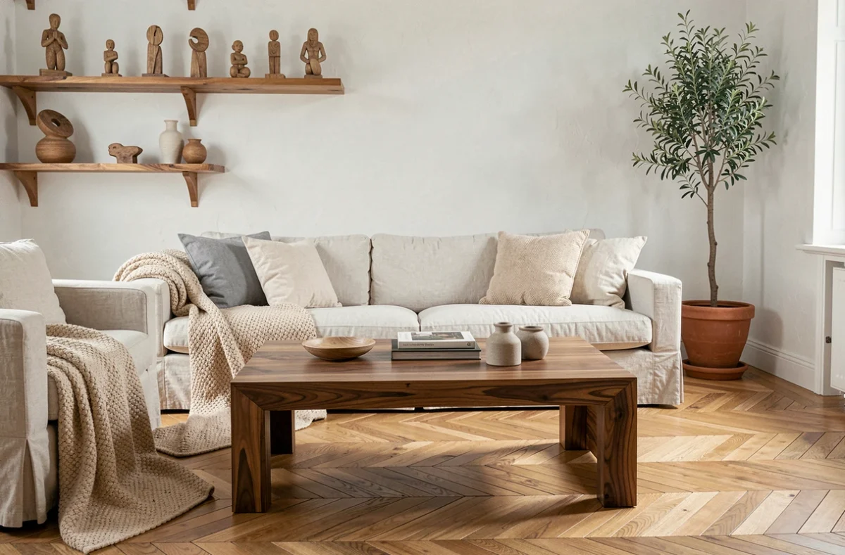Salon décoré avec une table basse en noyer massif artisanale, des sculptures en bois uniques et des accessoires naturels en céramique et laine