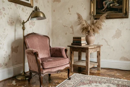 Salon vintage chic avec fauteuil en velours rose poudré, table d'appoint en bois brut et vase en céramique avec herbe de pampa séchée dans un intérieur à patine ancienne