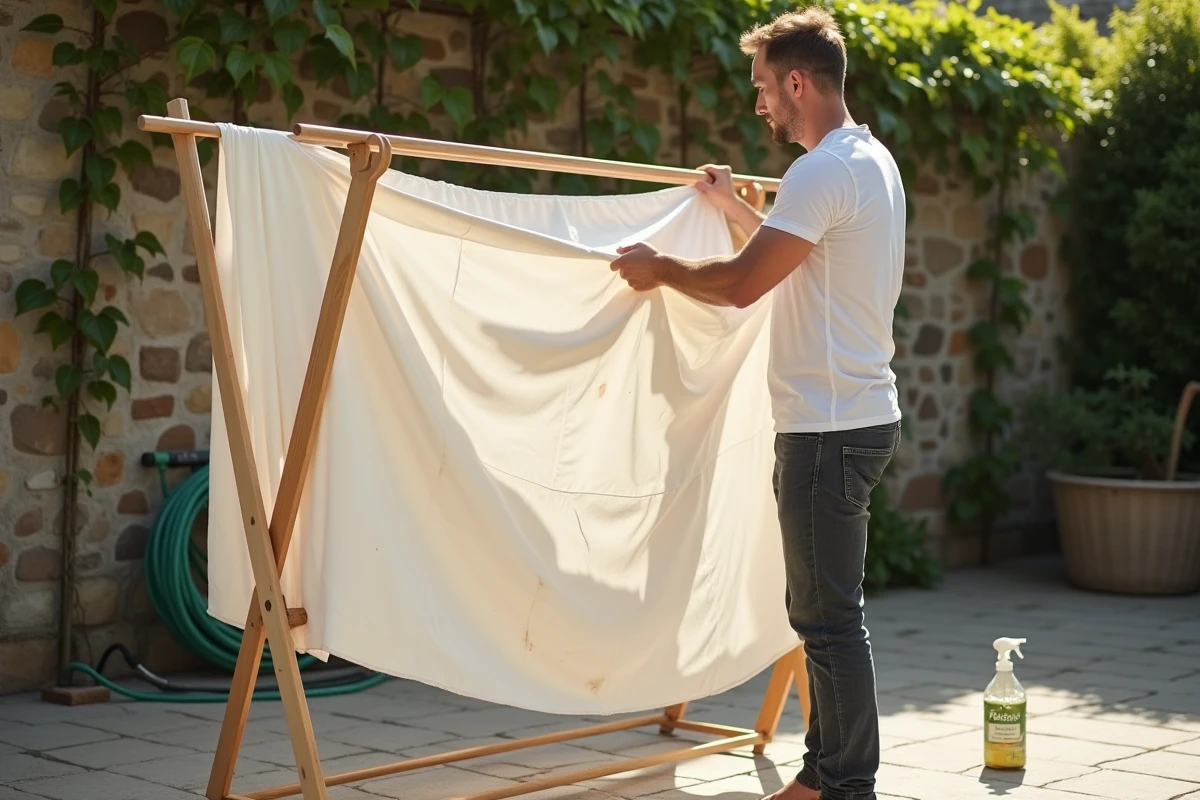 Homme suspendant une nappe en coton traitée contre la moisissure sur un séchoir en bois dans un jardin après un dégât des eaux
