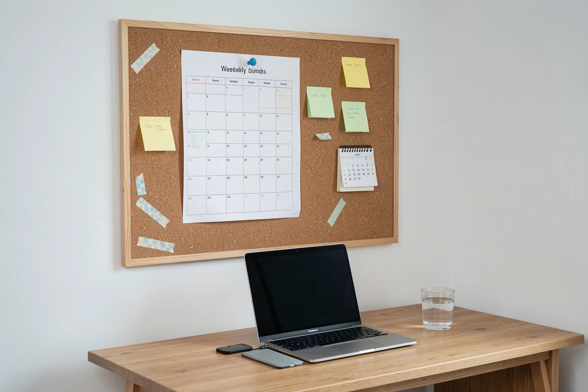 Semainier imprimé épinglé sur un tableau en liège dans un coin bureau organisé avec ordinateur et notes colorées