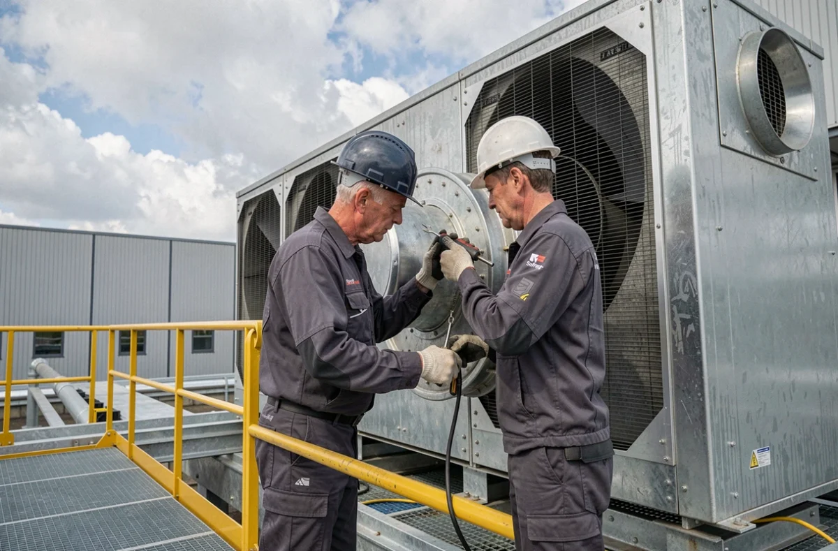 Technicien Sofreg travaillant sur un système de ventilation et climatisation industriel sur une façade d'installation commerciale en Seine-Maritime