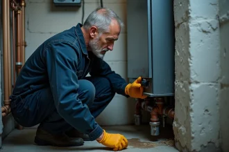 Technicien inspectant une chaudière fioul dans une chaufferie résidentielle avec trace de micro-fuite visible à la base