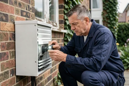 Technicien inspectant le moteur d'un volet roulant Bubendorff en panne sur façade extérieure