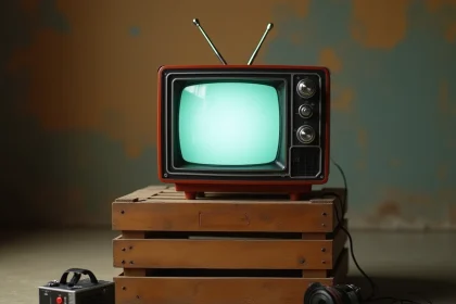 Téléviseur vintage années 70 posé sur une caisse en bois dans un studio photo minimaliste pour tournage et location de décors rétro