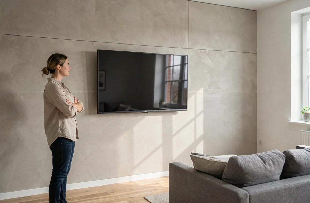 Femme évaluant une grande télévision fixée sur un mur en placo doublé dans un salon moderne et meublé