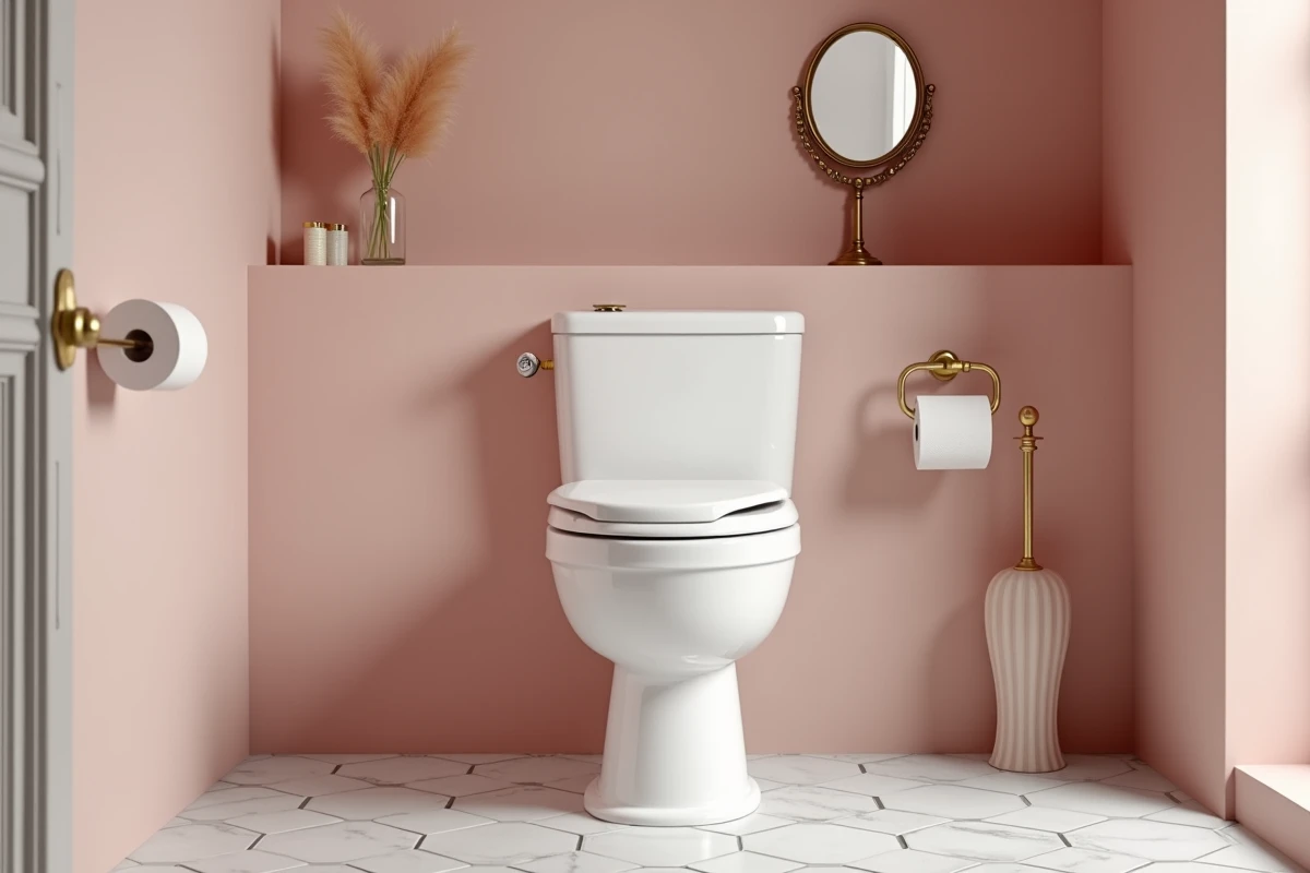 Toilette suspendue style parisien chic avec enduit rose poudré, miroir doré et marbre Carrare au sol