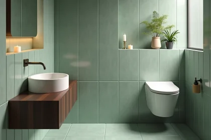Toilette suspendue dans de petites toilettes chic avec carrelage zellige vert sauge et meuble vasque en noyer