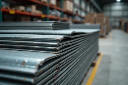 Pile de tôles d'acier galvanisé stockées dans un entrepôt industriel avec surface à motif cristallin caractéristique du zinc