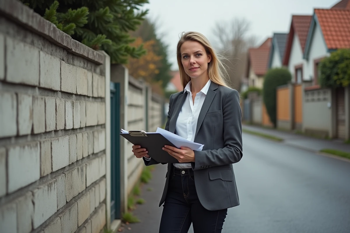 Urbaniste inspectant un mur de clôture en béton non conforme au PLU dans une rue résidentielle française