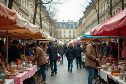 Vide grenier animé sur une place de commune du 92 avec des dizaines de stands de brocante et une foule de visiteurs