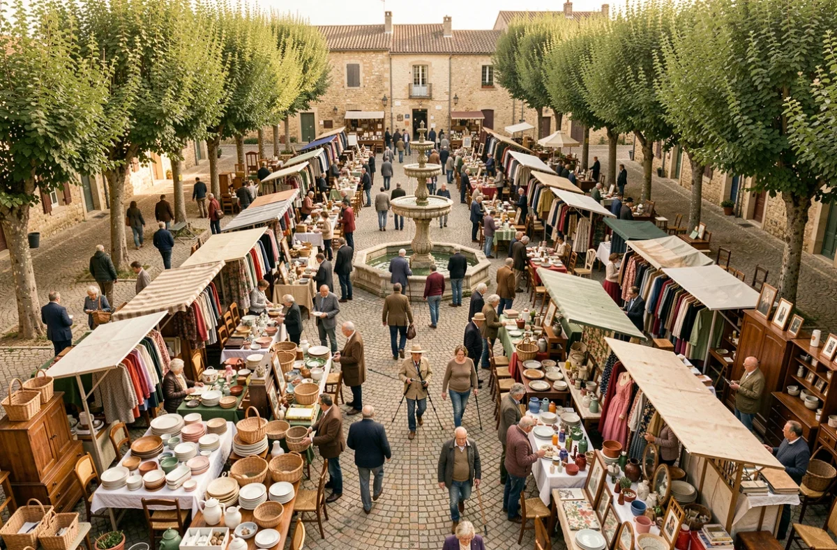 Vue aérienne d'un vide-grenier animé sur une place de village en Tarn-et-Garonne