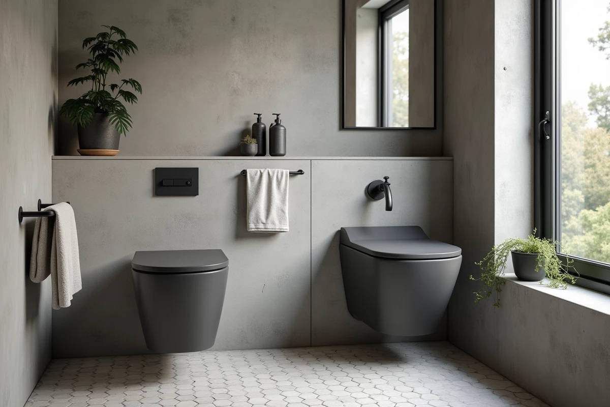 WC suspendu anthracite design industriel avec mur en béton brut et carrelage hexagonal blanc